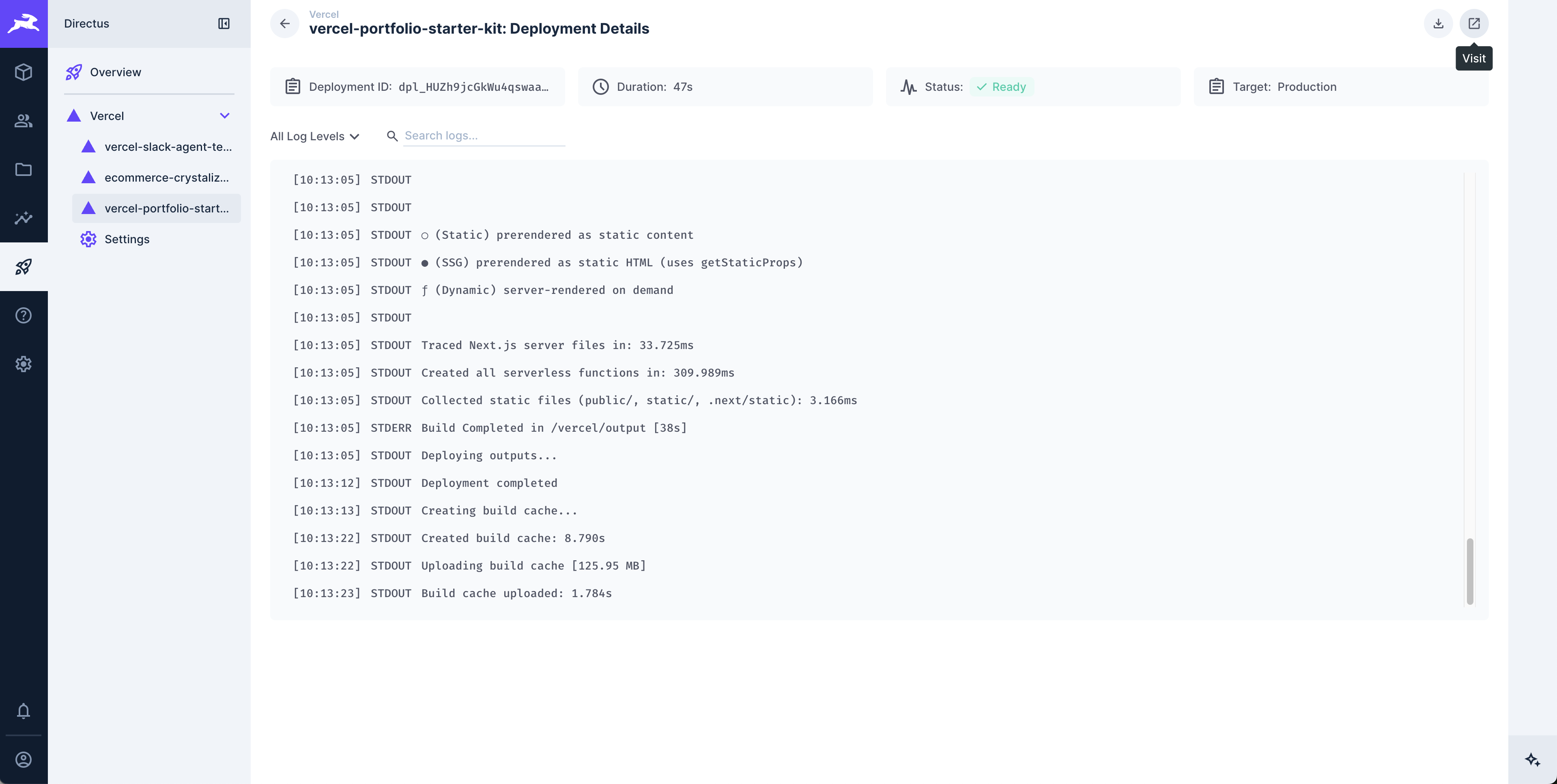 Vercel integration export logs